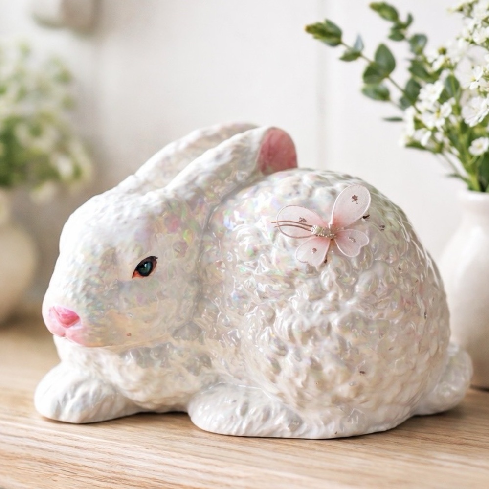 Vintage 1988 Enesco Pearlescent Iridescent White Bunny Figurine Decor - Picture 2 of 11